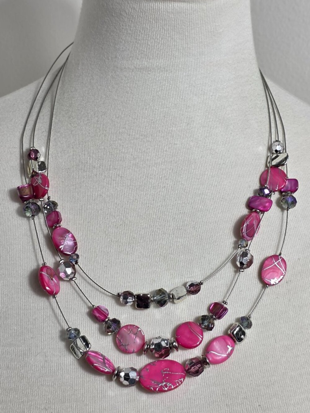 Three-Strand Necklace Vibrant Hot Pink Beads with Metallic Silver Accents